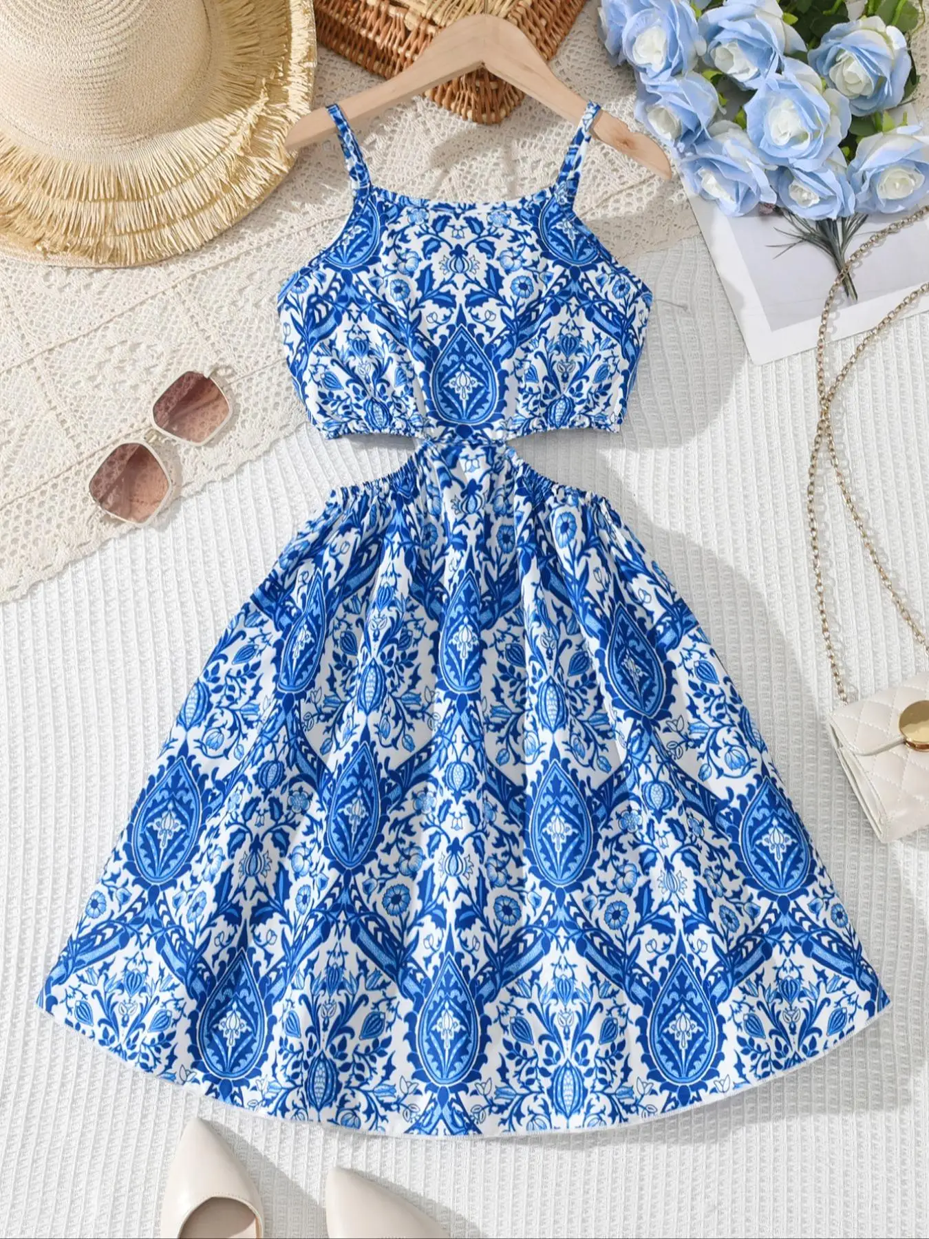 Girl's Floral Print Bandeau Dress, Boho Sleeveless Midi Dress for Beach Holiday Vacation, Kids Clothes for Summer