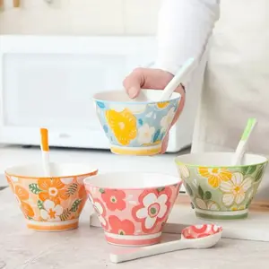 4 pc of 5-inch ceramic hat bowls + 4 pc of long-handled spoons,  kitchen utensils serving bowls, new rice bowls, four-season flower pattern utensils set, oven dishwasher microwave, can be used for cereal, soup, dessert, snacks, fruit, salad