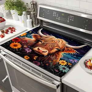 Soft Gas Stove Panel Protector Pad, Night Flower Highland Cow Design, Scratch Resistant, Easy to Clean, Multi-Purpose Kitchen Cover, Stove Plate, Indoor Grills Accessories
