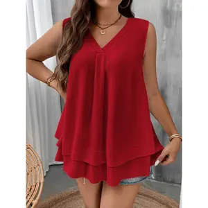 Self-pick-up Plus Size Women'S Solid Color V-Neck Sleeveless Shirt Fashion Chiffon Tank Top  Only Self-pickup Is Supported，summer tops women，women's clothes，clothes women，summer alt clothes，curvy women plus size