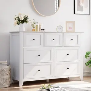 54 Inch Wide 7 Drawer Dresser for Bedroom, Modern Wooden Chest of Drawers with Deep Storage and Metal Knobs, Lacquer Finish Storage Organizer Cabinet for Closet Entryway Hallway Living Room Vanity, Engineered Wood