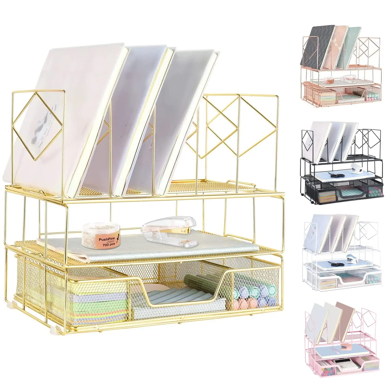 Desk Organizers and Accessories, Office Supplies Desktop Organizer, Desk File Organizer with Sliding Drawer, Dual Tray and 5 Upright Section, File Folder Holder for Desk