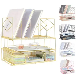 Desk Organizers and Accessories, Office Supplies Desktop Organizer, Desk File Organizer with Sliding Drawer, Dual Tray and 5 Upright Section, File Folder Holder for Desk