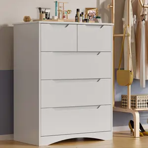 Gizoon 5 Drawers Chest White Dresser for Bedroom with Large Storage Capacity Chest of Drawers with Embedded Handle Deep-Drawer Dresser for Closet with Anti-Tip Kit for Hallway Office Living Room Girl Apartment Furniture Space-Saving