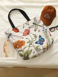 Flower Bouquet Print Casual Storage Bag, Floral Print, Night Scene, Trendy Fashionable, Suitable for Daily Shopping Office Various Occasions