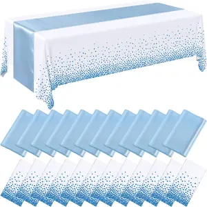 24-Piece Baby Blue and White Disposable Plastic Tablecloth and Satin Table Runner Set Includes 54x108-inch tablecloth and 12 108-inch table runners Ideal for weddings, graduations, birthday parties, and baby showers