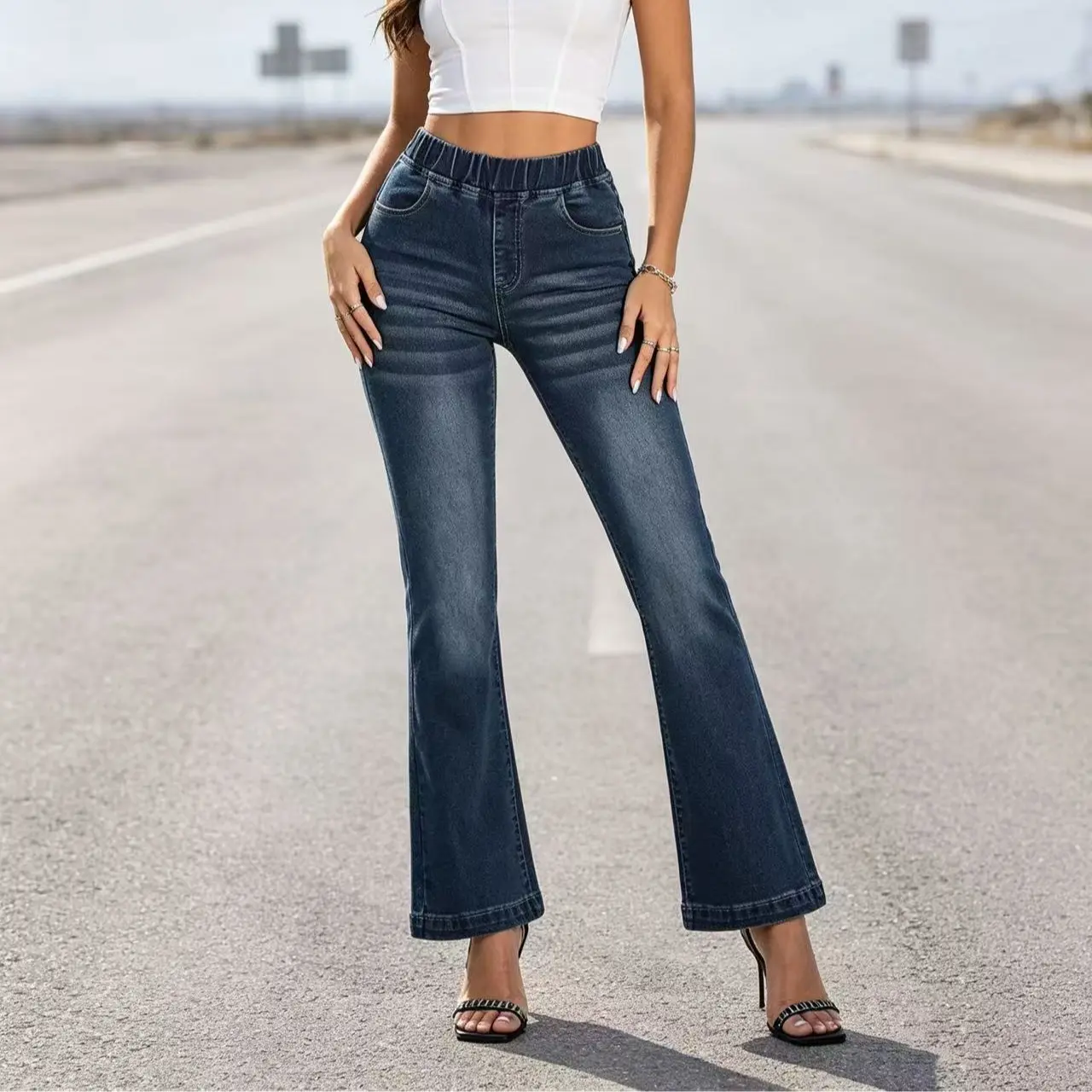Women's Elastic High-Waist Washed Dark Blue Flare Jeans - Stretchy Soft Denim Pull-On Bell Bottoms with Functional Pockets - Casual Streetwear, Road Trip Womenswear Bottoms