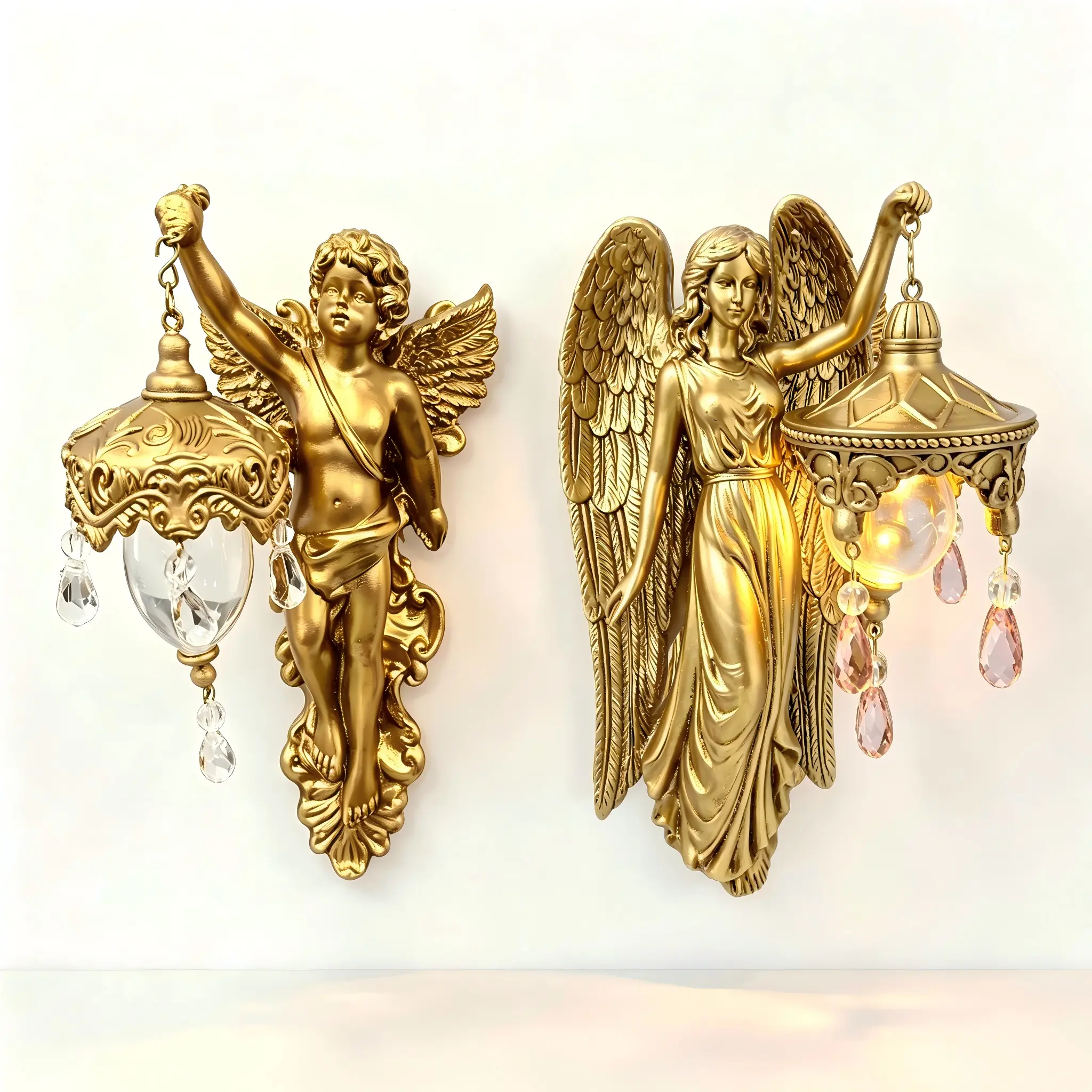 2 Count Angel Wall Lamp Sculpture, Gold Resin Angel & Cherub Figurine Sconce With Pink And Clear Teardrop Crystal Pendants light