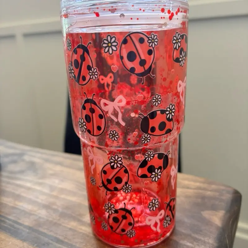 Ladybug Snow Globe Tumbler | Coquette Ladybug Cup | 18oz Glitter Tumbler | Cute Iced Coffee Cup | Daisy Bow Cup | Gift for Her