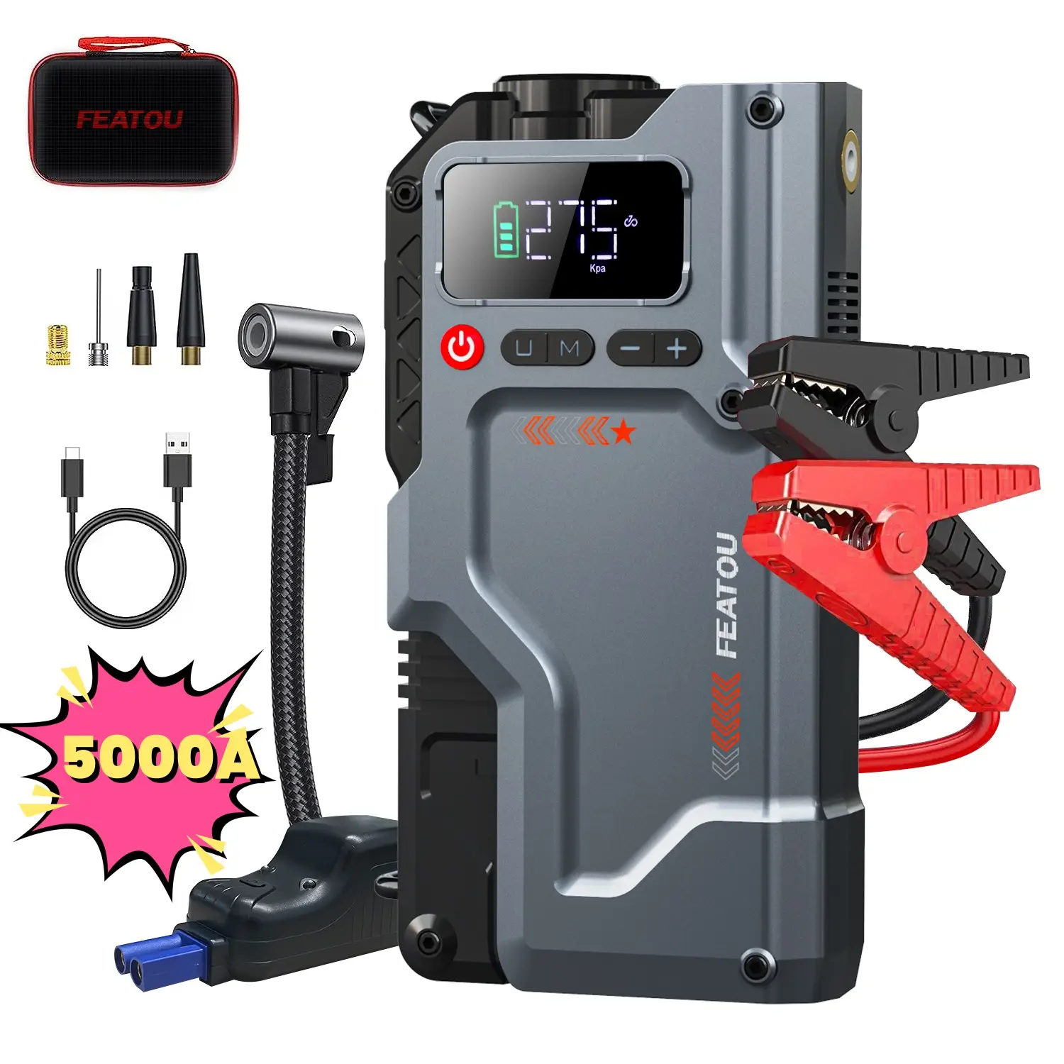 Featou 5000A Jump Starter with Air Compressor, 150PSI Tire Inflator, Portable 12V Jump Box with LCD Display, Flashlight & Storage Case - Phone Battery