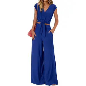 Women's Summer 2 Piece Outfits 2026 Cap Sleeve V Neck Belted Crop Tops Wide Leg Pant Sets Casual TracksuitGift