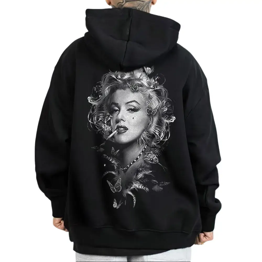 Women's Oversize David Gonzales Art Marilyn Monroe Print Hoodie Sweatshirt - Chicano Cholo Style, Cotton-Polyester Fabric, Loose Unisex Longsleeve Clothes, Digital Print, Comfortable Streetwear T-Shirt, Outdoor Easter Women's Clothes