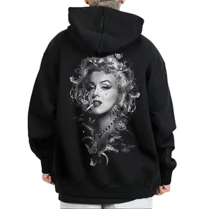 Women's Oversize David Gonzales Art Marilyn Monroe Print Hoodie Sweatshirt - Chicano Cholo Style, 13 Longsleeves, Cotton-Polyester Fabric, Comfortable Streetwear Tops, Digital Print, Casual Outdoor Outfits, Loose Unisex Design