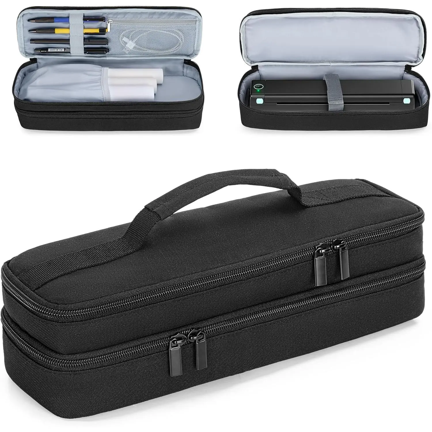 Portable Printer Case Compatible with Phomemo M08F, Itari M832, JADENS, Aixiqee, MUNBYN and   Thermal Printer, Double-Layers Mobile Printer Storage Bag for Papers & USB , Black