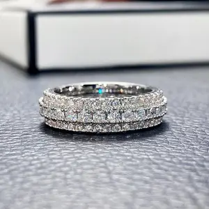 6MM Full Moissanite Synthetic Iced Out Three-Row Ring Hypoallergenic VVS1 Clarity Hiphop Band Gifts  for for Men & Women Bling Iced Gift Birthday HipHop Rapper Club Party Date Punk Urban Swag Street Casual Anniversary   A0 J2   S0