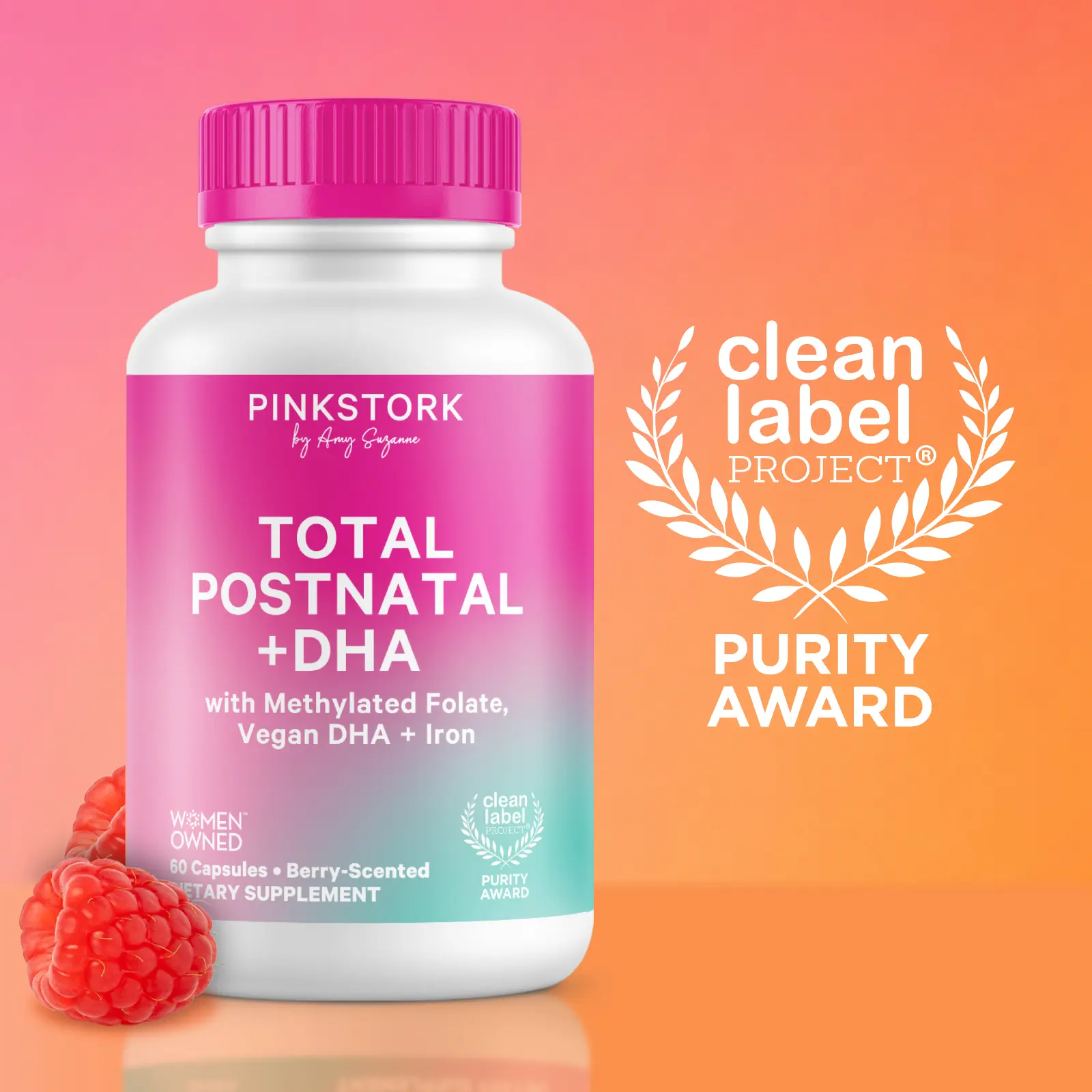 Pink Stork Total Postnatal Vitamins for Women | Clean Label Purity Award | Maternity Vitamins | No Fishy Burps | Breastfeeding Essentials | Methylated Folate, Vegan DHA, Iron | Month Supply Postpartum Dietary Supplement Multivitamin