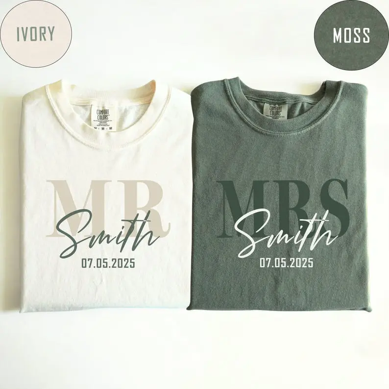 Mr and Mrs Comfort Colors® Shirt, Custom Wedding Date Shirt, Matching Honeymoon Gift, Bridal Party Shirts, Couple Wedding Morning Outfit