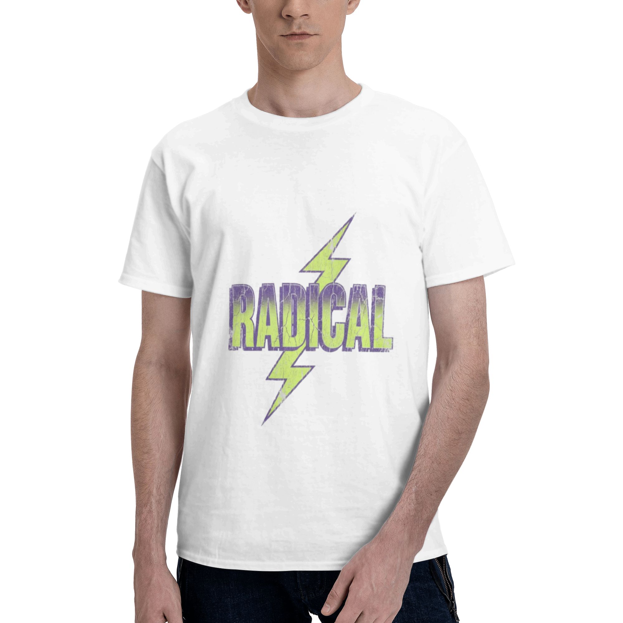 Retro 80s 90s Streetwear, Radical Bold Lettering, Neon Green Lightning Bolt, Purple And Lime Green Color Scheme, Cracked Distressed Texture, Halftone Print, Vintage Worn Effect, T-shirt Graphic Design        80s90sT-shirt AI？ ？ tshirt