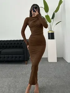 Elegant Women's Ruched Bodycon Long Dress, Stretchy Long Sleeve Maxi Dress, Christmas Dress，Perfect for Parties & Evening Wear, Formal Wear
