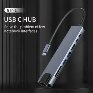 2026 New USB-C Hub 8-in-1 for MacBook Laptop, 4K HDMI RJ45 Ethernet SD TF Card Reader PD Fast Charge Multiport Adapter Dock