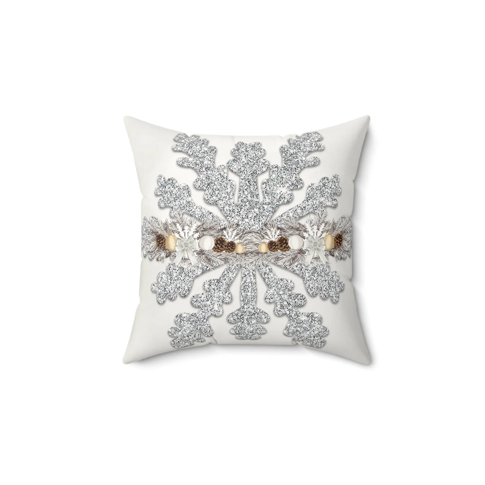 Winter Snowflake Faux Suede Pillow — Silver Glitter & Beaded Holiday Accent