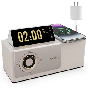 GoldJoy 7-in-1 Wireless Charging Station, Flip-Up Screen Bluetooth Speaker, 15W Fast Charger Dock, Sunset Projection Lamp, White Noise Machine, Heavy Bass Speaker, Alarm Clock, Desktop Nightstand Charging Hub for iPhone Samsung