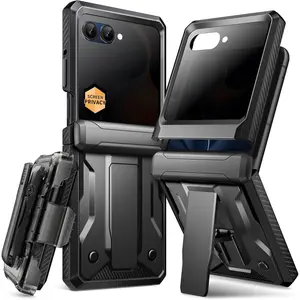 for Motorola Razr 2025/Razr 2024 Case with Privacy Screen Protector, [Stand & Belt-Clip] [Hinge Protection Cover] [Anti-Slip], Full-Body Military Grade Protective Phone Case, Black