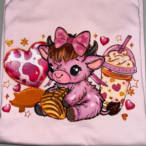 Conchita Cow Pink Shirt - Cute Cow Design with Heart and Cup Illustrations, Ideal for Women's Wear - Womenswear, Top