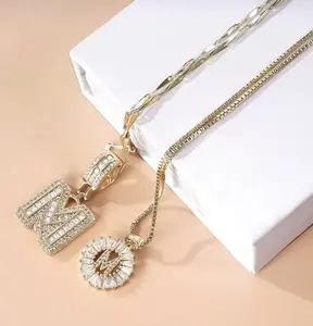 2 Pack Initial Letter Necklace 14k Gold Plated Bling Dainty Necklaces Trendy Chunky Custom Name Necklace Personalized Round Circle Pendant Zirconia Letters Name Valentine's Day Anniversary Jewelry Set Gifts for Mom Gifts for Daughter