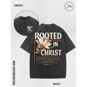 100% Cotton Faith Vintage Washed T-Shirt with Rooted in Christ Cross Church Design - Heavyweight 230g Double-Sided Washable Religious Apparel, Round Neck Casual Wear for Year-Round Gift Suitable for Family, Friends