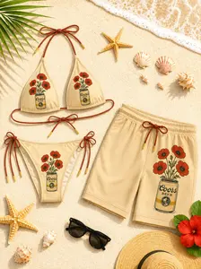 Coors Floral Bikini Set with Matching Men’s Beach Shorts – Bright Sand-Tone Summer Swimwear, Retro Beer Can Flower Print, Perfect for Beach Holidays, Pool Parties, Tropical Getaways & Stylish Couple Looks