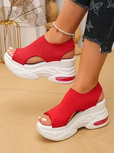 Women's Open Toe Knit Wedge Heel Sandals, Slip-On Breathable Summer Footwear, Soft Insole Comfortable Platform Shoes, Versatile Footwear For Work, Daily Commute, Casual Errands