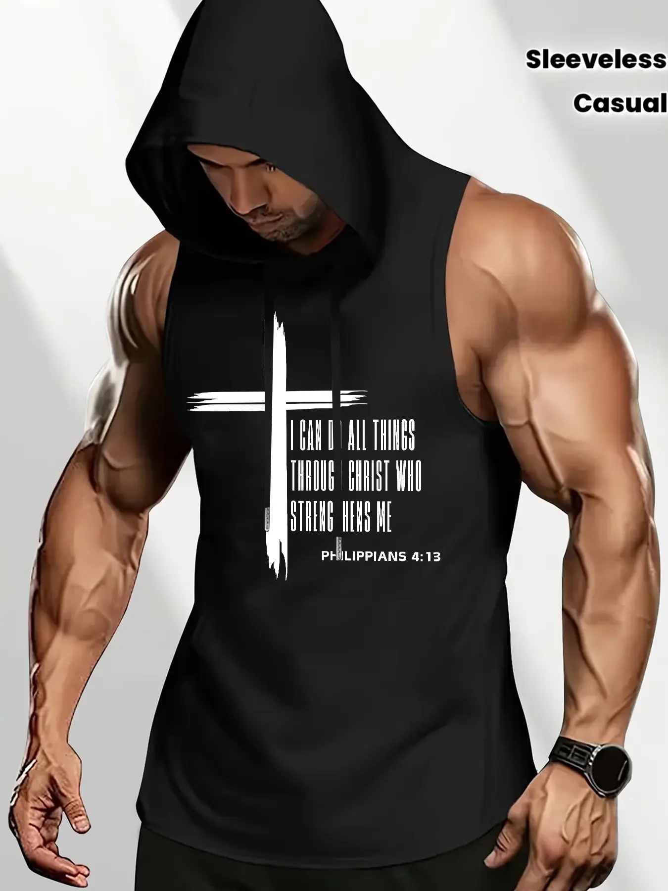 Men's Black Sleeveless Hooded Tank Top, Cross Graphic & Philippians 4:13 Verse Casual Gym Streetwear Top, Activewear Sleeveless, Soft Breathable Fabric Hooded Vest for Gym Workouts, Daily Wear, Ideal for Fitness Enthusiasts & Christian Consumers