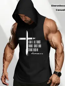 Men's Black Sleeveless Hooded Tank Top, Yoga Sports Vest, Cross Graphic & Philippians 4:13 Verse Gym Top, Soft Breathable Fabric Hooded Vest for Gym Workouts, Daily Wear & Faith-Inspired Looks, Ideal for Fitness Enthusiasts & Christian Consumers