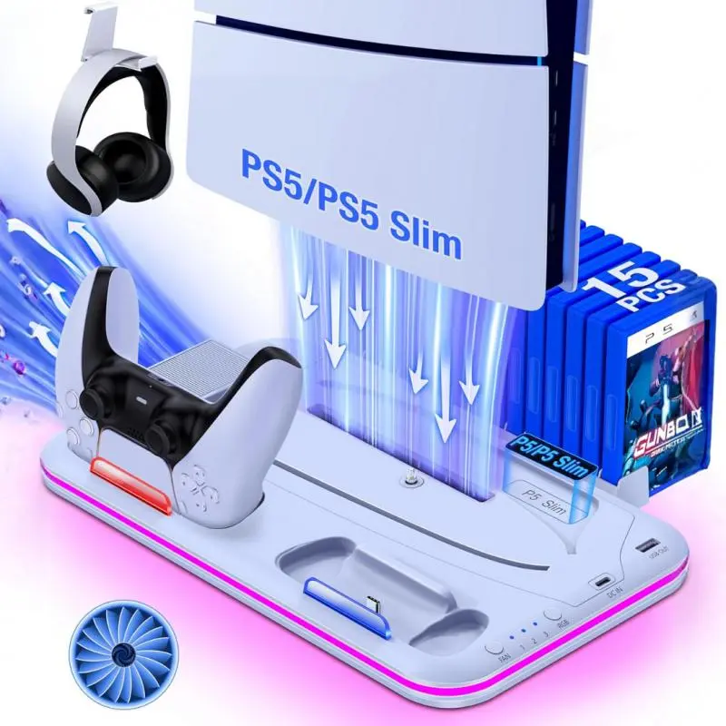 PS5 Stand with Cooling Station and Controller Charging Station for PlayStation 5 Slim Console, PS5 Controller Charger, Cooling Stand, Dynamic Light, Headset Holder for PlayStation 5 Accessories, White