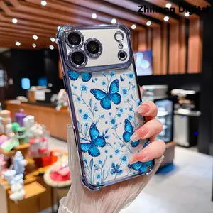 Blue Butterfly Wildflower Pattern Premium Electroplated Four-corner Anti-fall Mobile Phone Case Suitable for iPhone 17 Pro Max 17Air 16 Plus 15 14 13 12 11 Mobile Phone Protective Cover Anti-fall Protection Shell Printed Pattern Soft Protective Case