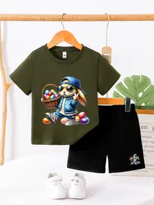 Boys Junior Spring Summer New 2-Piece Round Neck T-Shirt Shorts Set, Easter Theme Cool Rabbit Egg Cartoon Print, Breathable Comfort Fit