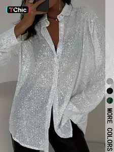 Women's Sequined Sheer Long Sleeve Button Shirt, Elegant Blouse Top for Evening Parties & Daily Wear, Stylish Women's Clothing, Womenswear
