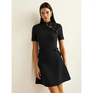 Dress with Bow Cut-Out, Stand Collar, and Short Sleeves