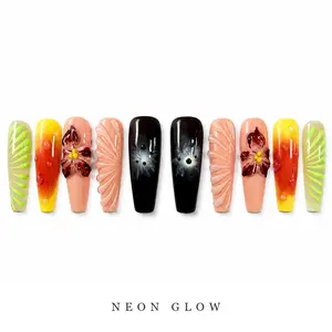 Neon Glow Press on Nails, 1.57 Inch Coffin Glue on Nails, Neon Green Sunset Black Floral False Nails