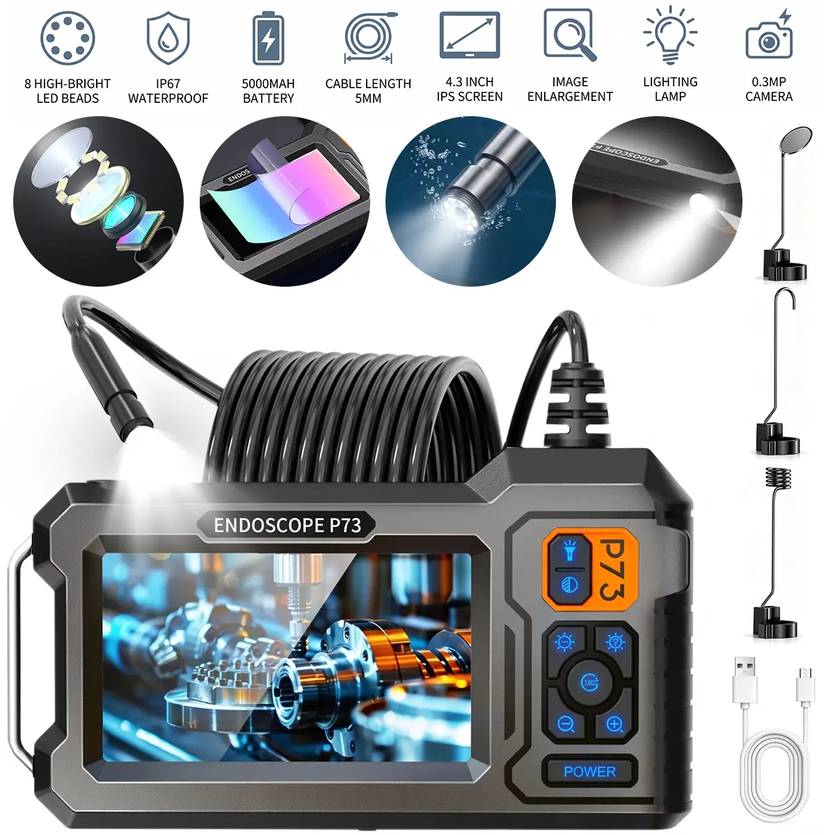 Compact Handheld Automotive Diagnostic Inspection Endoscope P73-NES630, 4.3-in IPS Screen, 5000mAh Battery, IP67 Waterproof, 8 LED Beads, 0.3MP Camera, Auto Repair & Engine Inspection Tool
