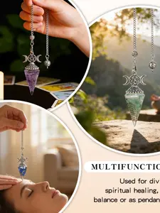 Random 4pcs Set Natural Crystal Pendulum Pendants, Vintage Three Moon Six Cone Rhombus, Yoga Meditation Tuning Fork Pendulums