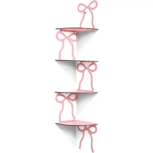 4 Tie Pink Bow Corner Shelf Wall Mounted Pink Floating Wood Corner Storage Shelves for Women Girls Decorative Cute Coquettish Wall Decor for Bedroom Living Room Bathroom Kitchen Office