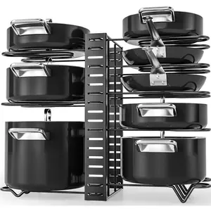 Adjustable Pot and Pan Organizer Rack, Multi-Tier Kitchen Cookware Storage Holder for Cabinet, Countertop & Under Sink