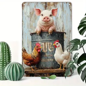 1pc 2D Plane Country Style Pig and Chick Iron Wall Decor - 8x12inch Vintage Barn Decoration, Weatherproof Indoor and Outdoor Metal Plaque, Suitable for Country Kitchen, Garden, Courtyard, Farmhouse Style Decoration Metal Craft, Country Style Decoration