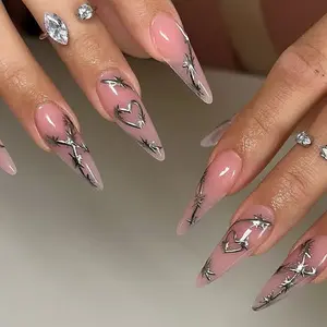 24 pieces of almond shaped silver patterned nail art with detachable fake nails