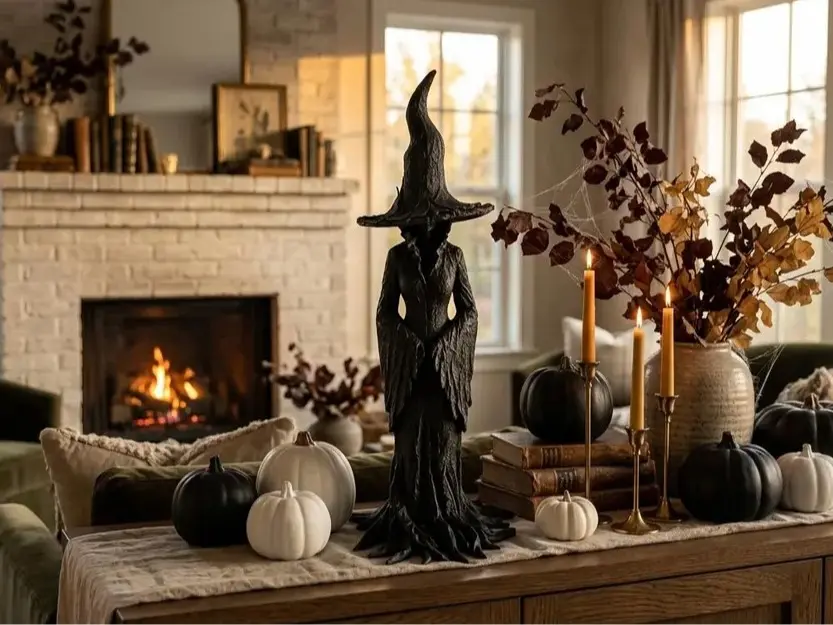 Halloween Witch Statue Decor, Black Witch Figurine for Tabletop Display, Gothic Halloween Decoration, Spooky Witch Ornament for Mantel Fireplace Shelf Entryway Home Party Haunted House Fall Harvest Décor, Halloween Gothic Witch Statue Decorative Figurine