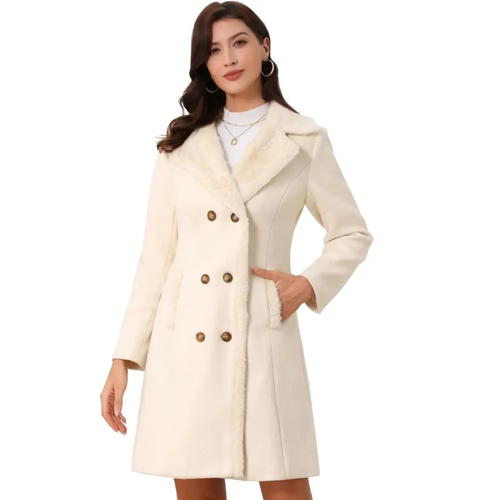 Allegra K Women's Winter Faux Fur Collar Double Breasted Long Warm Coats Small Beige