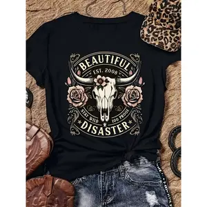 [100% Cotton] Women'S Western Cowboy Graphic T-Shirt - Black Short Sleeve Crew Neck Top With Bull Skull & Floral Design, "" Vintage 2008 Text, Casual Spring/Summer Tee For Outdoor & Casual Attire T-Shirt For Men And Women.