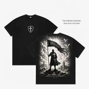 Unisex 100% Cotton Oversized T-Shirt | Medieval Crusader Knight Banner Cross Print, Gothic Christian Streetwear Tee-ZB